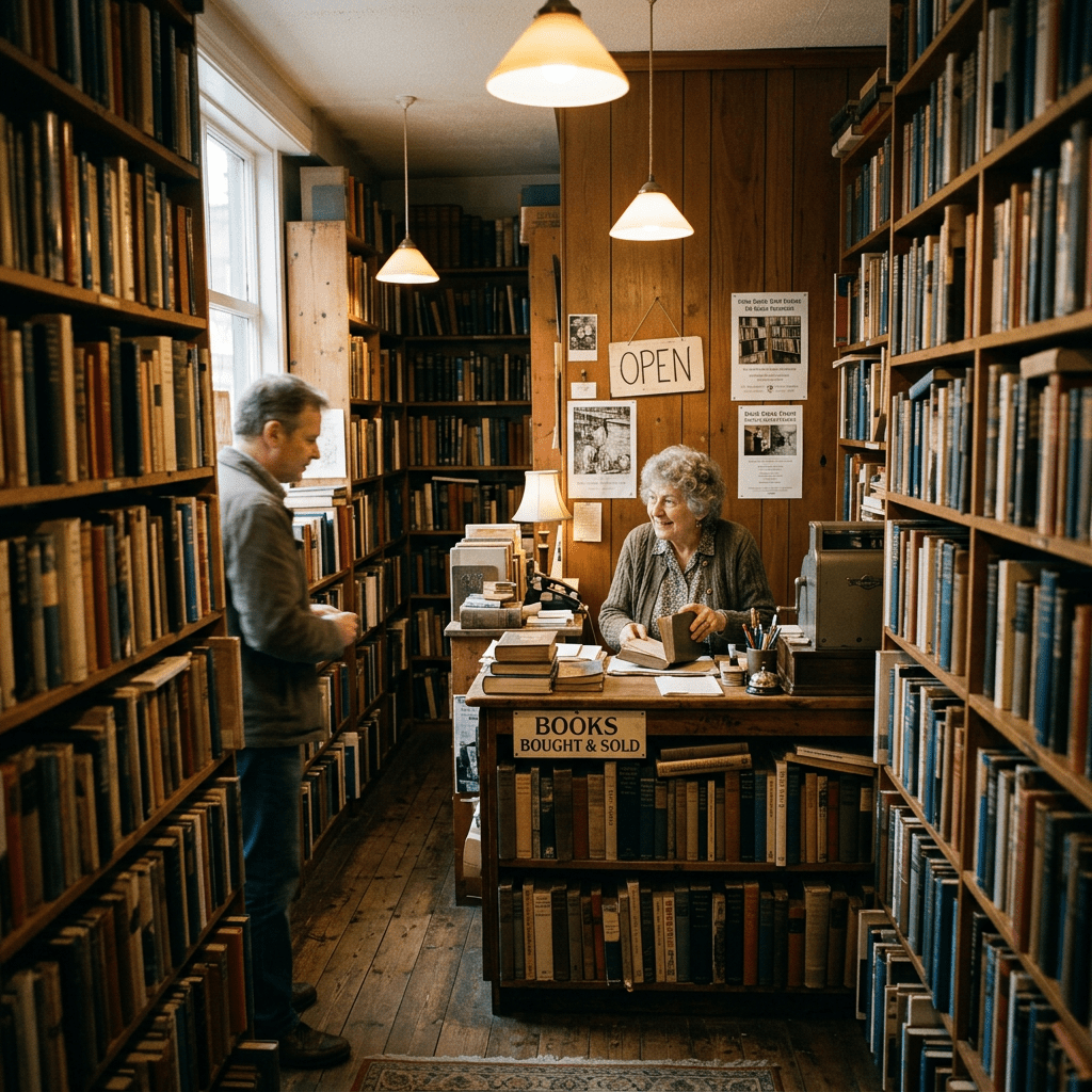 Inside a small vintage bookstore with bookshelves lining walls and a shopkeeper at the counter